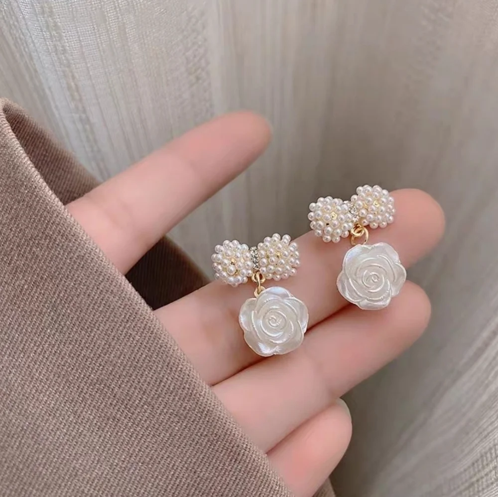 Faux Pearl Cluster Stud & Carved Rose Drop Earrings Romantic Floral